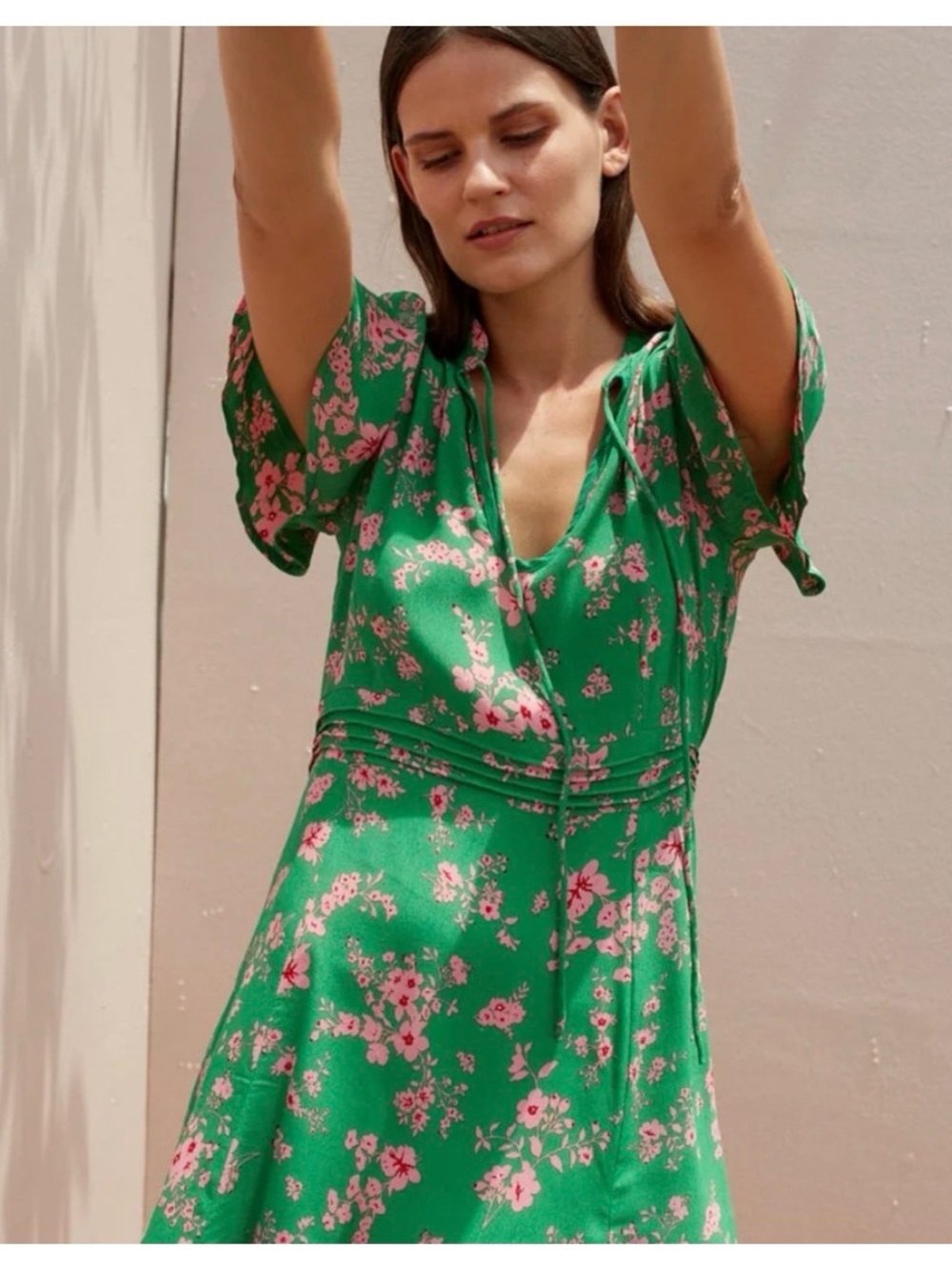 Green Floral key hole Tie-Neck Mini Dress with Flutter Sleeves and thigh slit